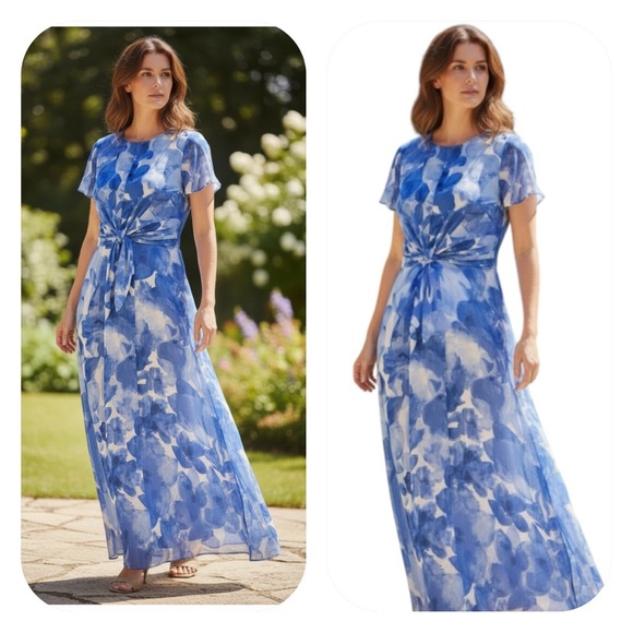 Dkny Dresses & Skirts - NWT DKNY size 6 blue/white printed flutter sleeve midi dress